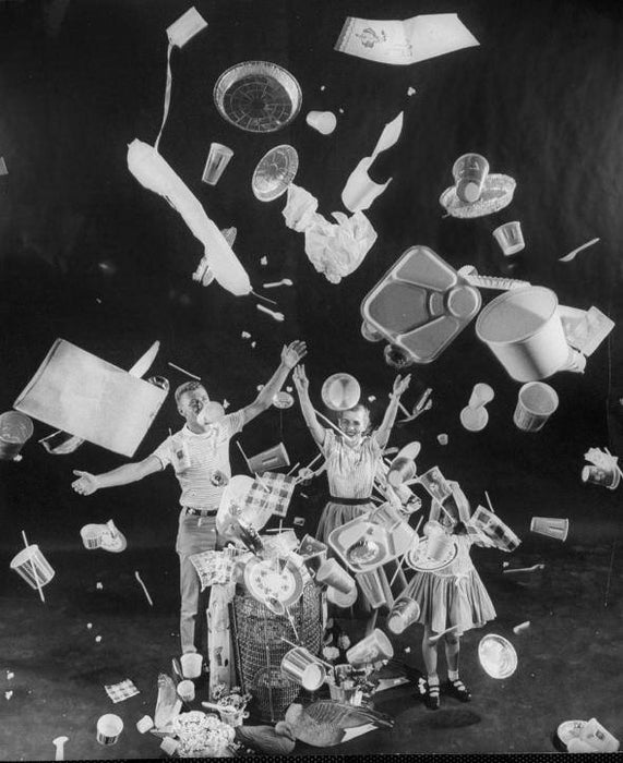 (This header image is from a 1955 magazine with the title: "Throwaway Living: disposable items cut down household chores")