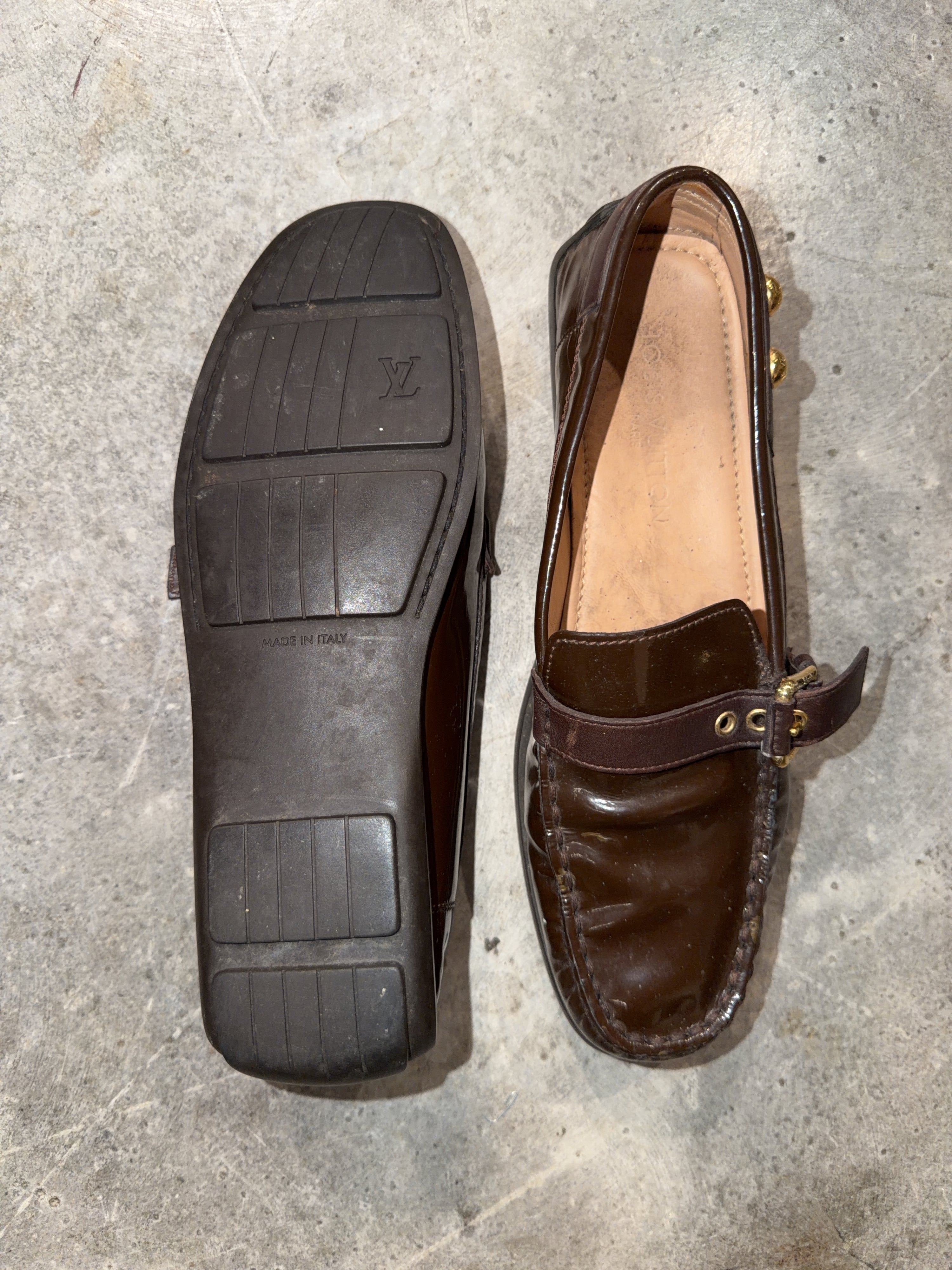Louis Vuitton Dark Brown Patent Leather Driving Loafers (38.5)