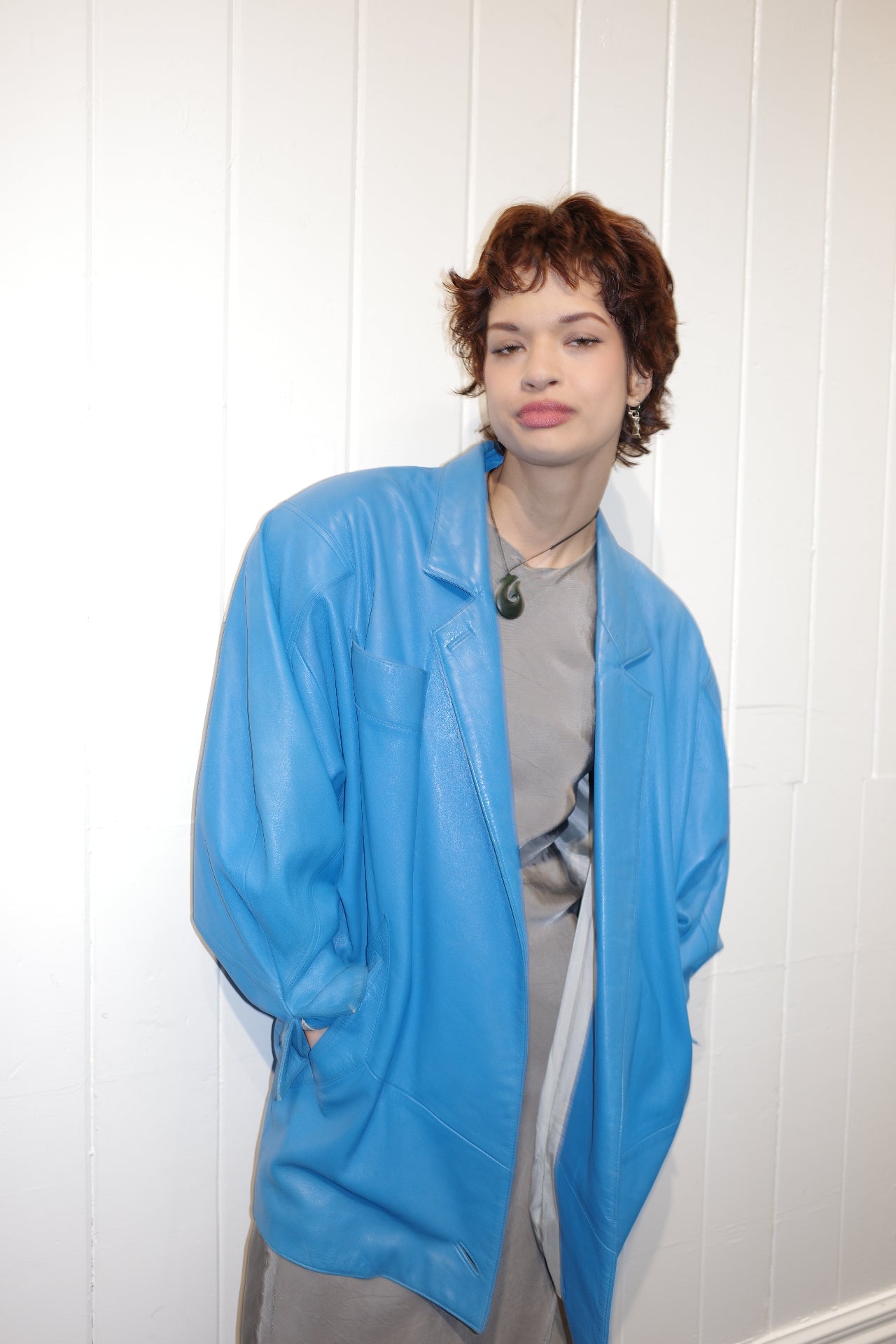 80s Blue Leather Jacket (S/M)