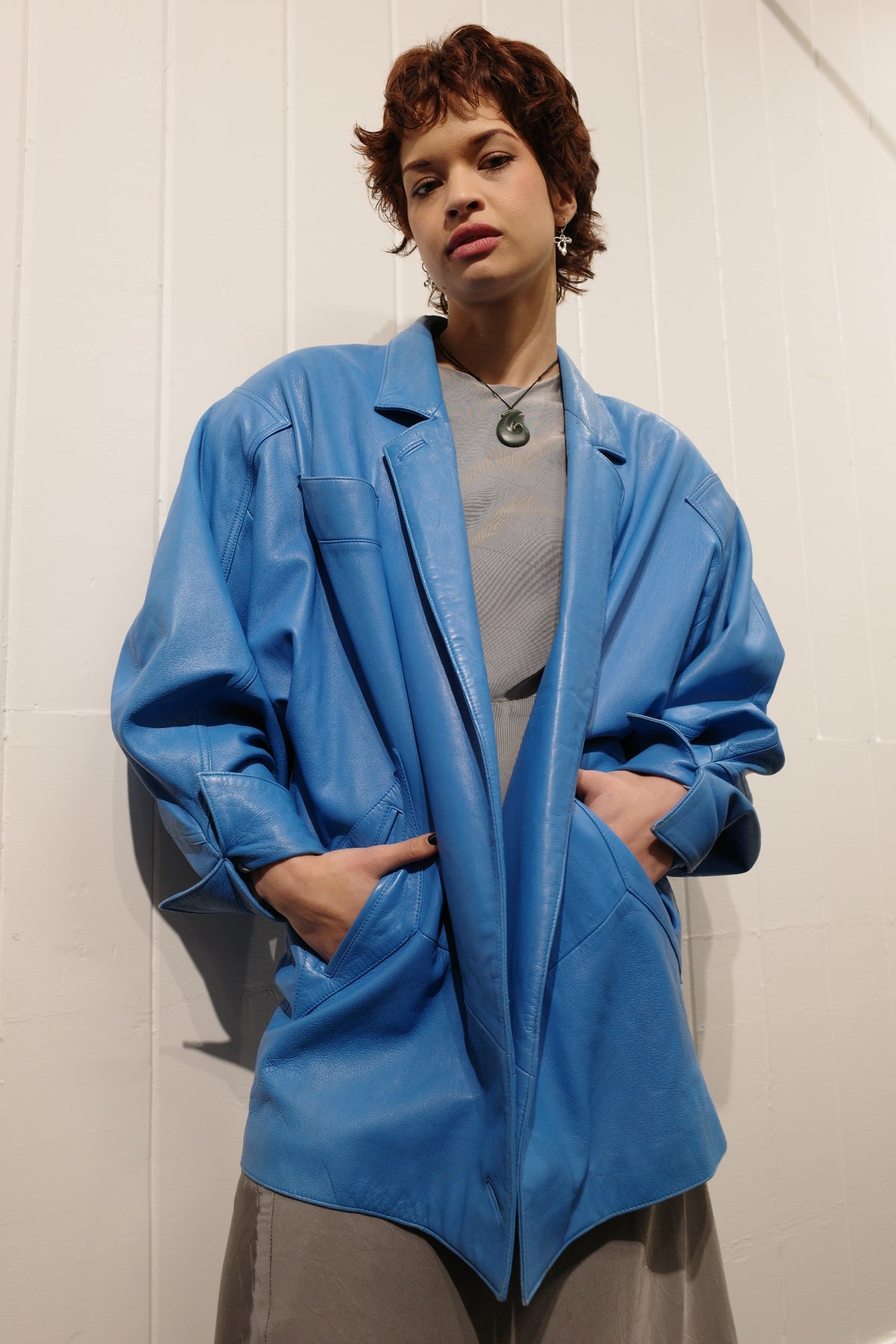 80s Blue Leather Jacket (S/M)