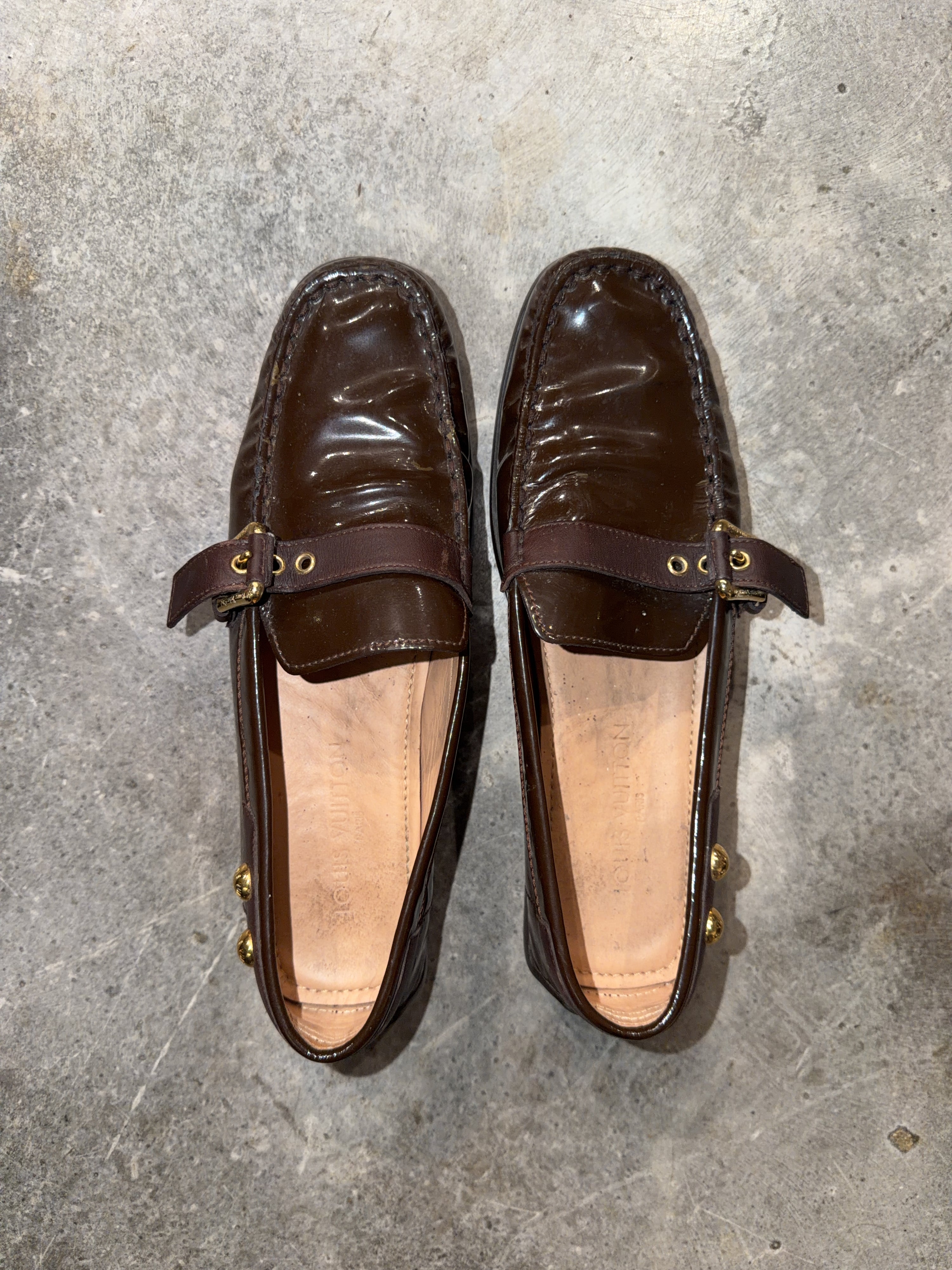 Louis Vuitton Dark Brown Patent Leather Driving Loafers (38.5)