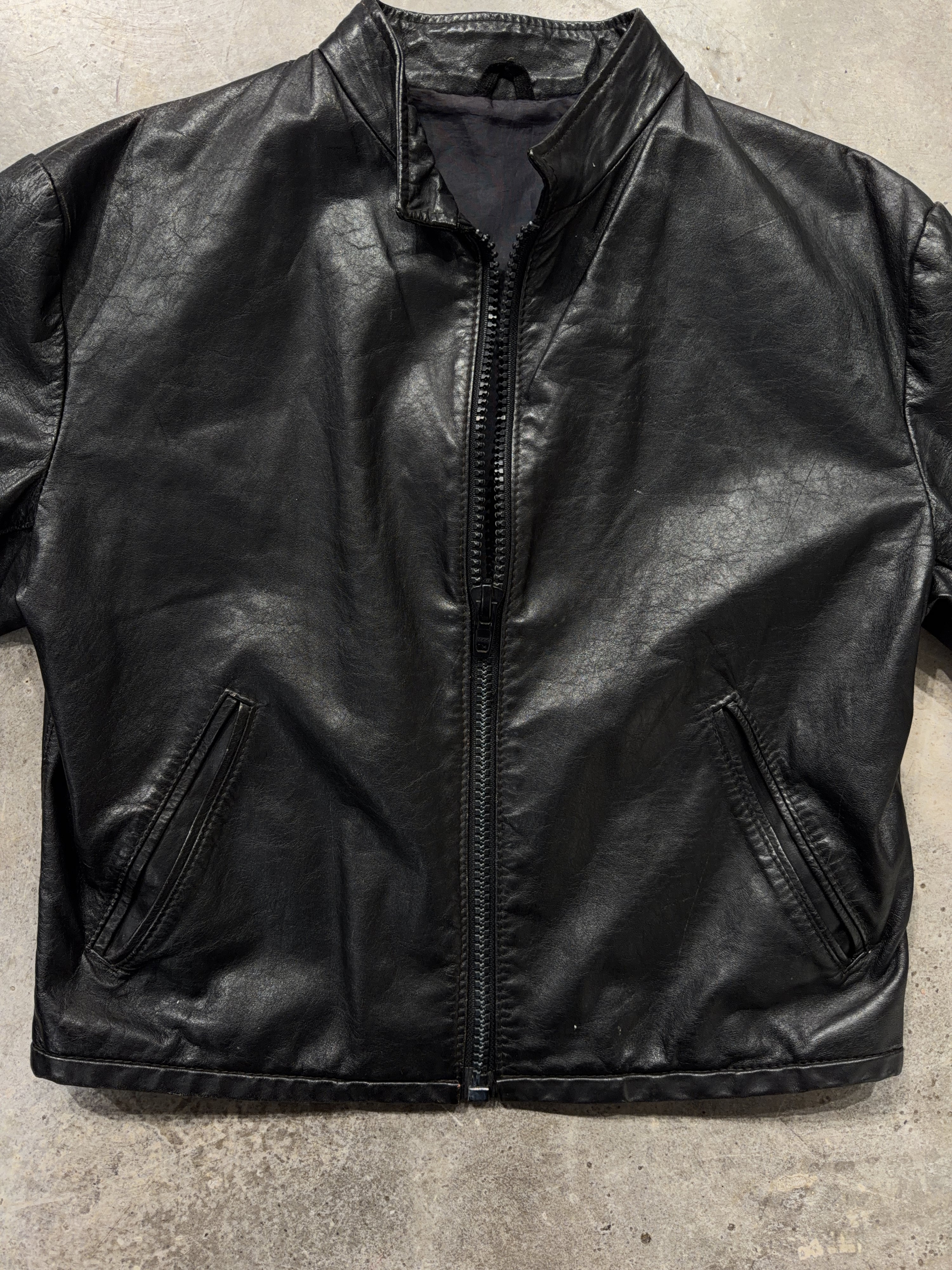 90s Cropped Black Leather Jacket (M)