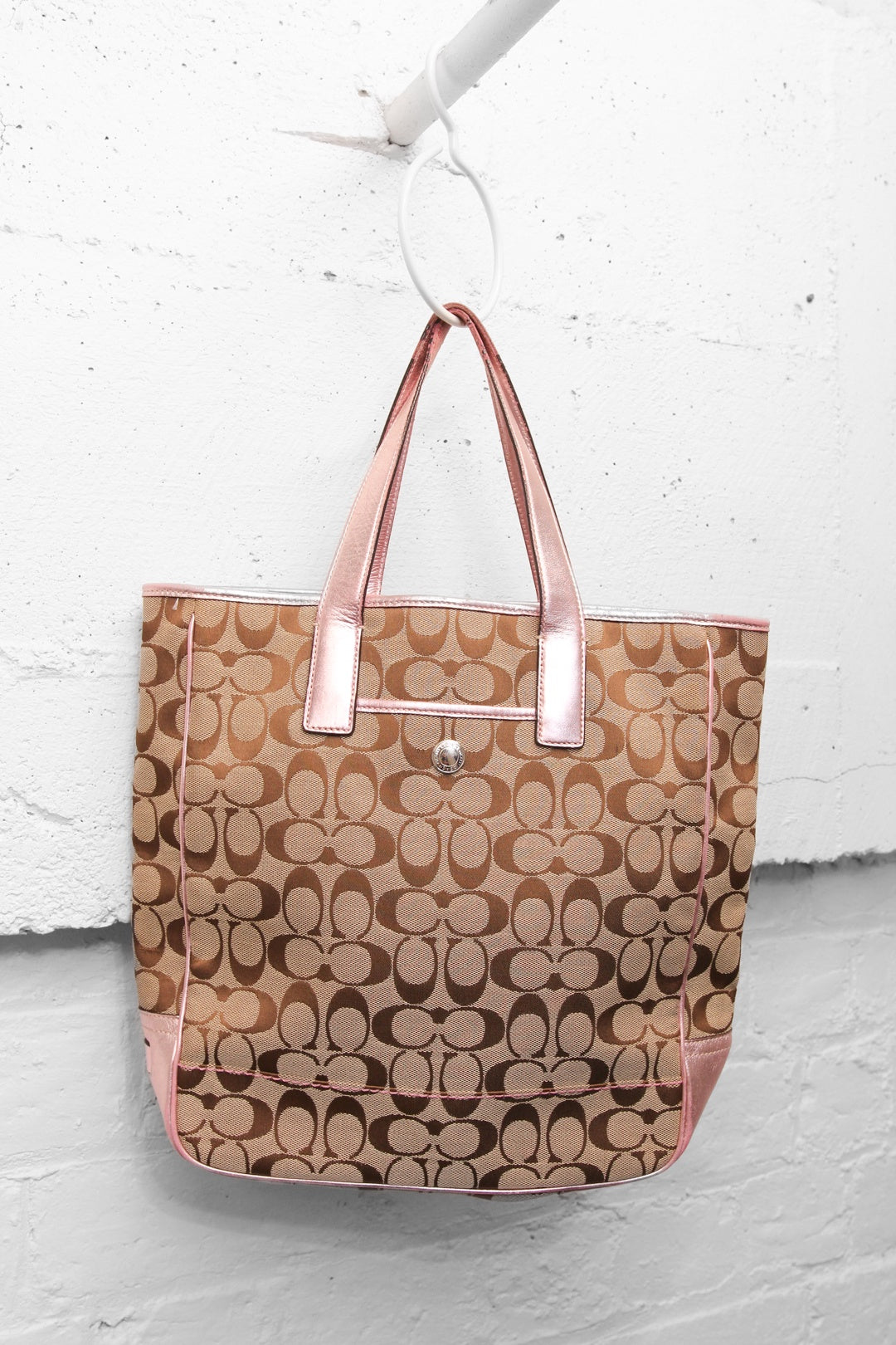 Coach Signature Tote Bag Shoulder Canvas Leather Beige Pink