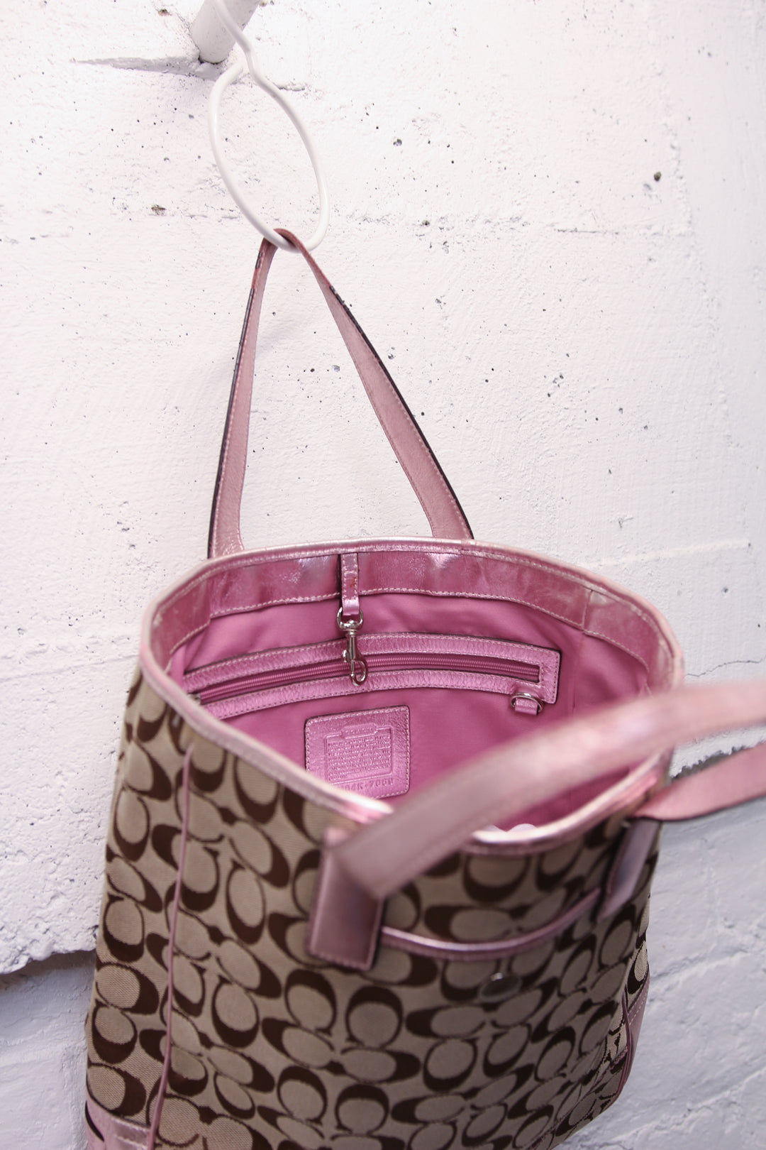 Coach Signature Tote Bag Shoulder Canvas Leather Beige Pink – Crushes