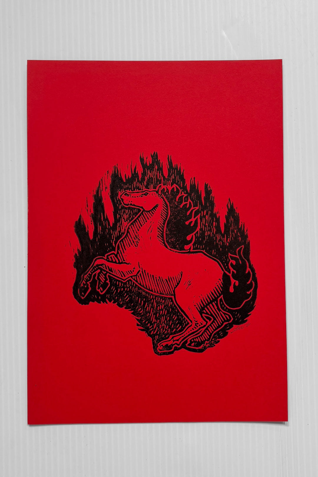 Lilly Rhind Fire Horse A4 Lino Print